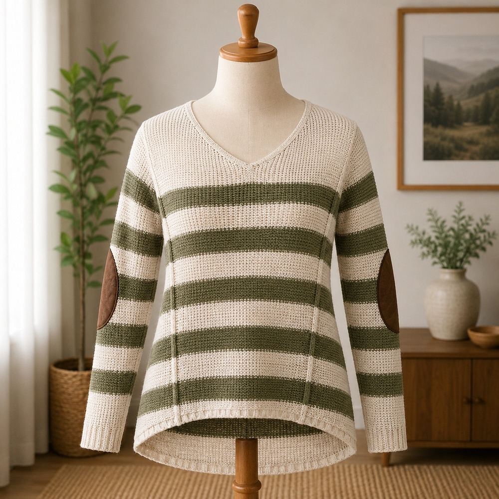 NWT‎ RDI Striped V-Neck Sweater Womens Large Olive White Elbow Patches 76S685N